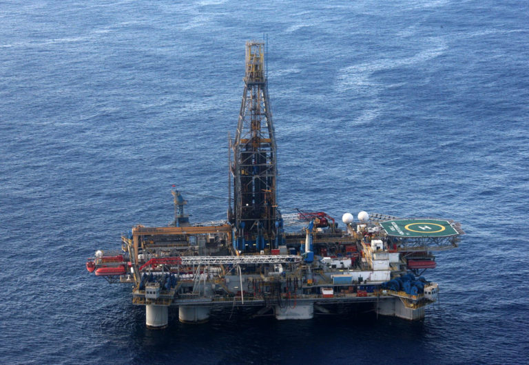 epa03010734 An aerial view from a helicopter of the Homer Ferrington rig operated by Noble Energy in the east Mediterranean, drilling in an offshore block on concession from the Cypriot government, 21 November 2011. Houston-based Noble started drilling for gas off Cyprus in September, in the island's first attempt to tap speculated offshore hydrocarbons deposits. Cypriot President Demetris Christofias visited the rig, which started drilling for gas on 21 November.  EPA/STR